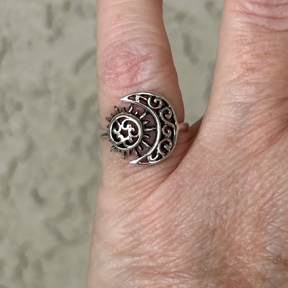 925 Sterling Silver Hand-Crafted Sun and Moon Ring